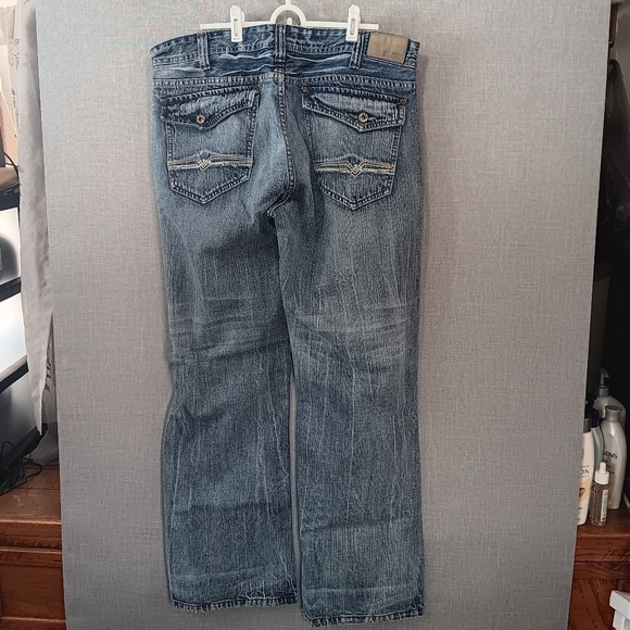Y2K Urban Pipeline Jeans Distressed Denim Cotton Blue Relaxed FLAP Pocket 38x32 - Picture 2 of 6